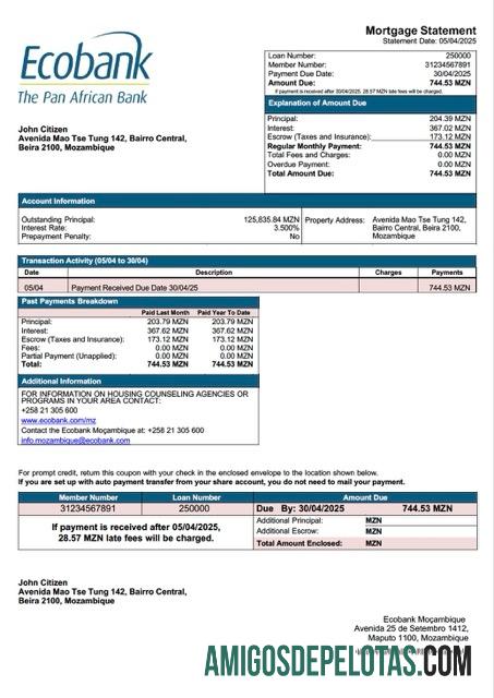 em branco Mozambique Ecobank Moçambique Mortgage Statement Word And PDF Template